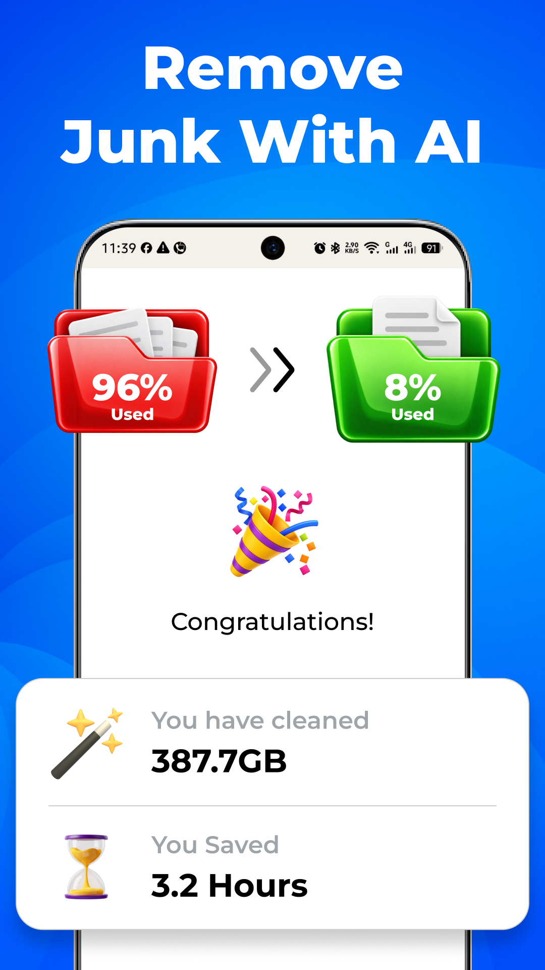 Suspended screenshot claiming 387.7GB cleaned
