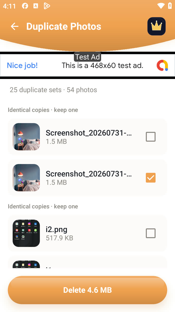 App duplicate photos screen