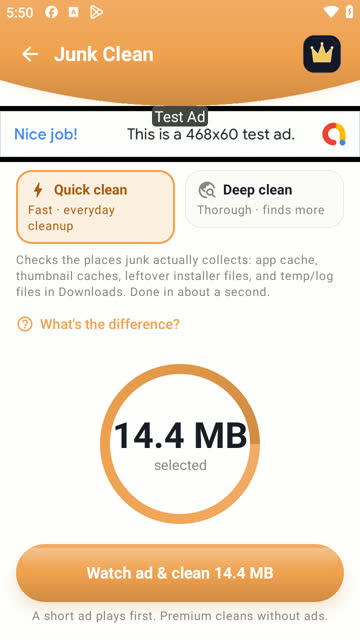 Clean button announcing an ad plays first