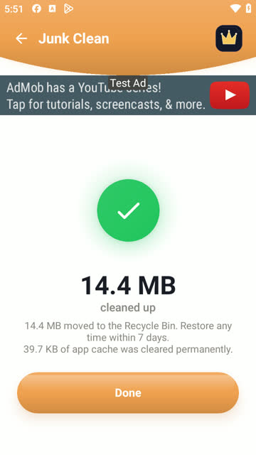 Junk clean result showing 14.4 MB freed