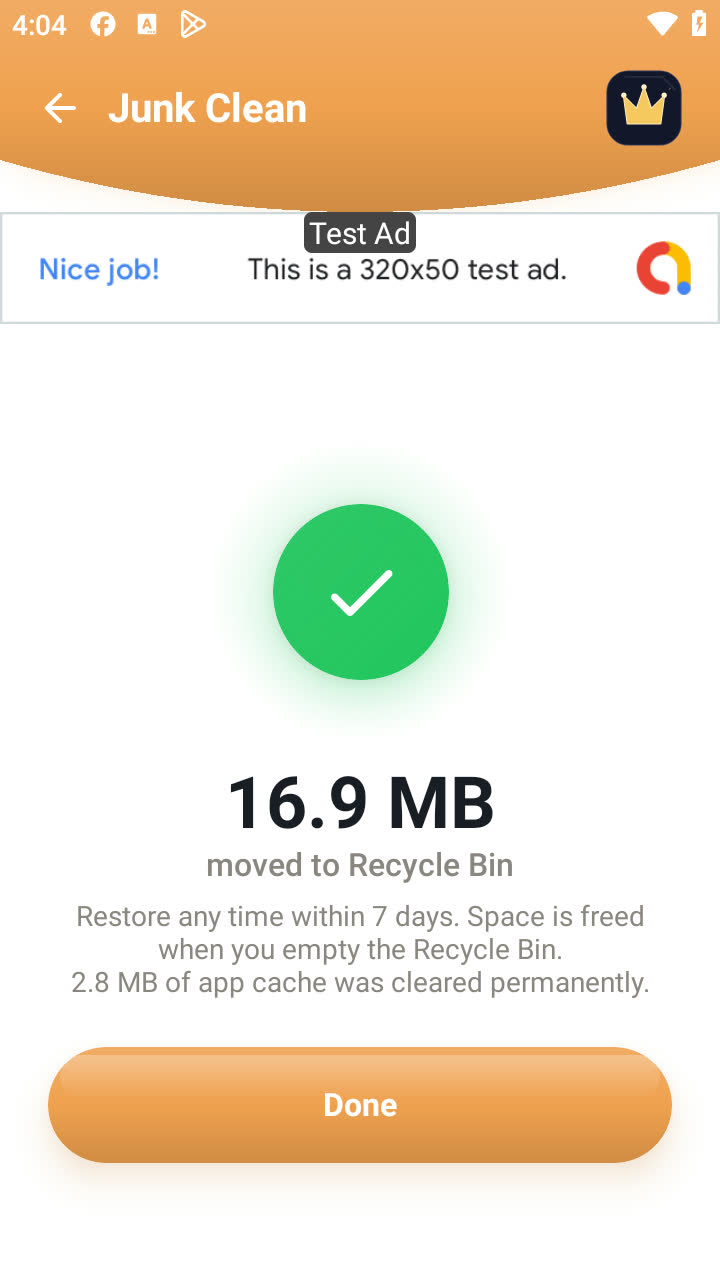 App junk clean result showing 16.9 MB moved