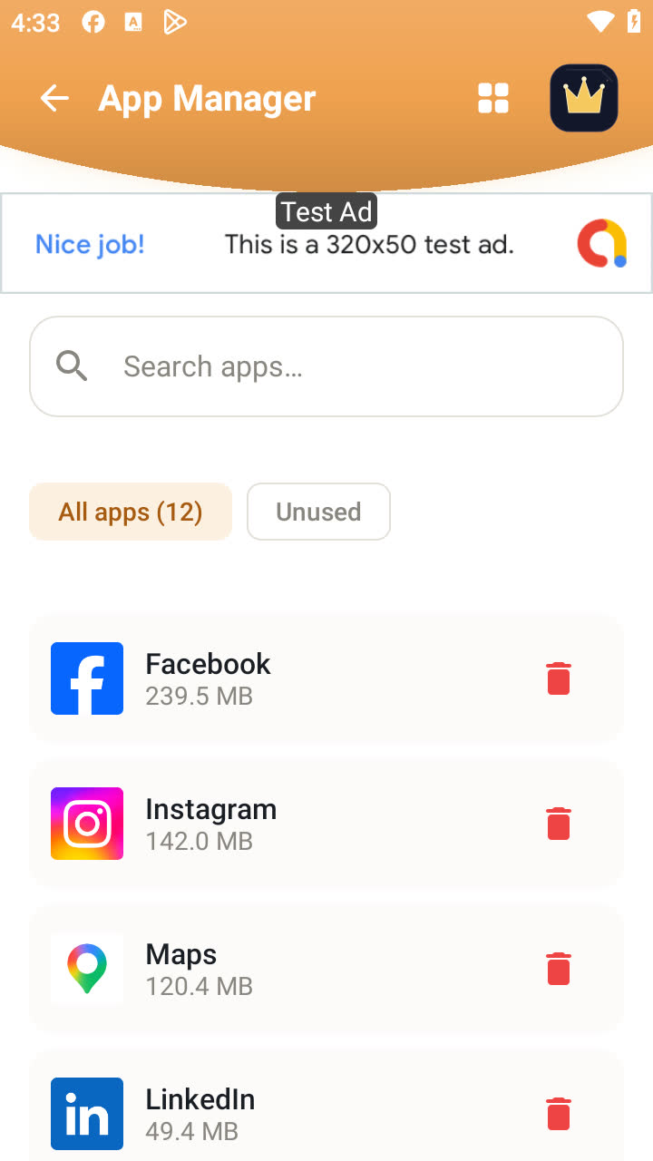 App manager listing apps with sizes