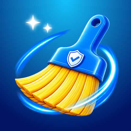 Phone Cleaner app icon: a blue brush with golden bristles and a shield, a red 2026 ribbon, on a deep blue square