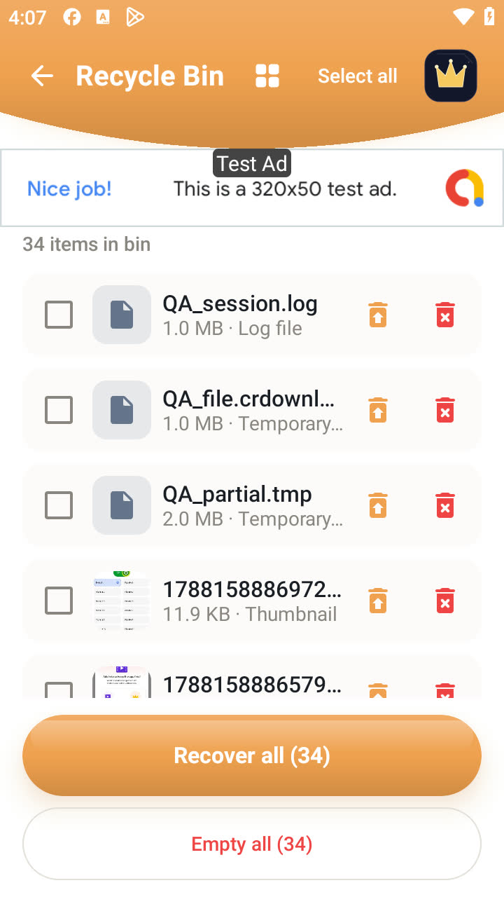 Recycle Bin · list: Each item can be restored or deleted for good