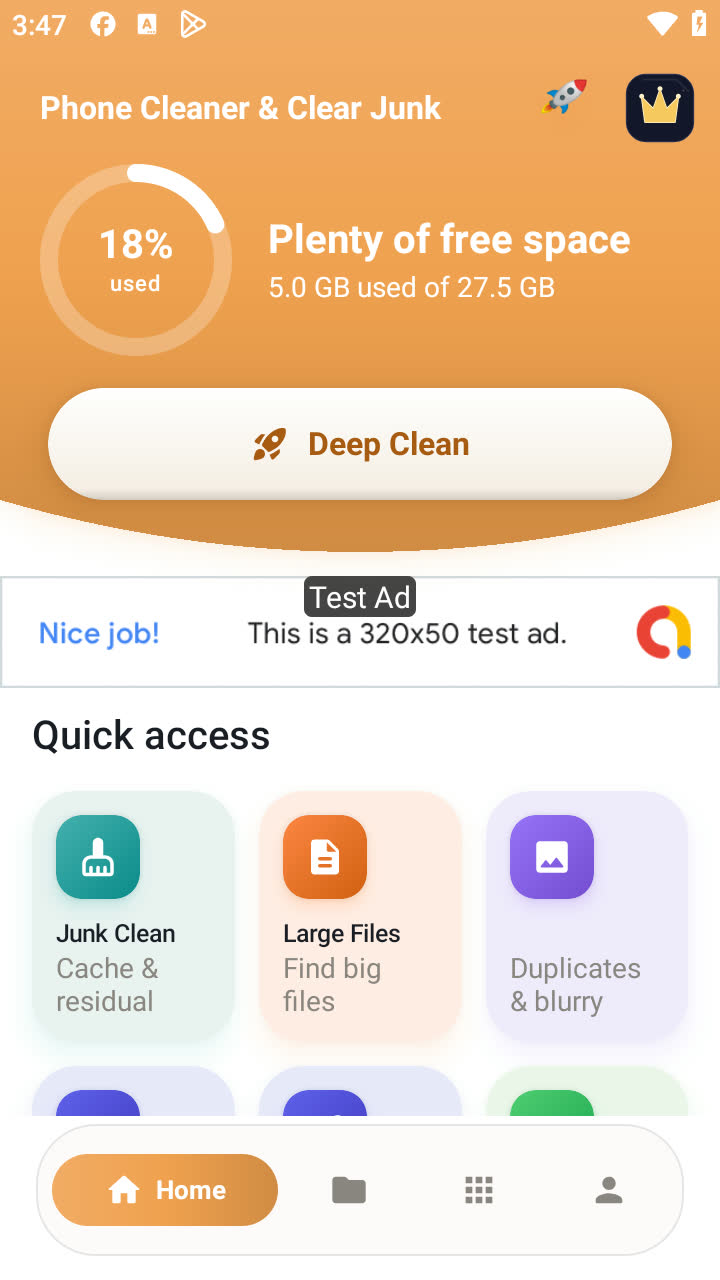 Home: Real storage figures from the device: 5.0 GB used of 27.5 GB
