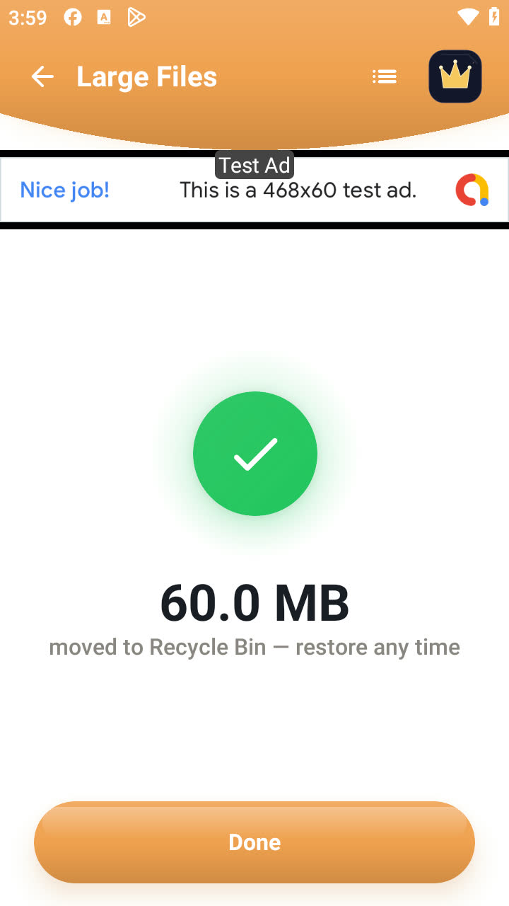 Large Files · deleted: 60 MB file moved to the Recycle Bin