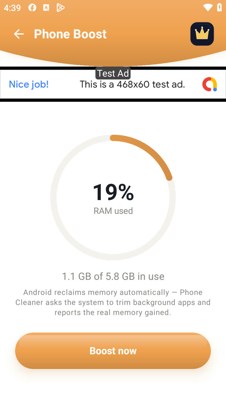 Phone Boost: The screen states that Android reclaims memory itself